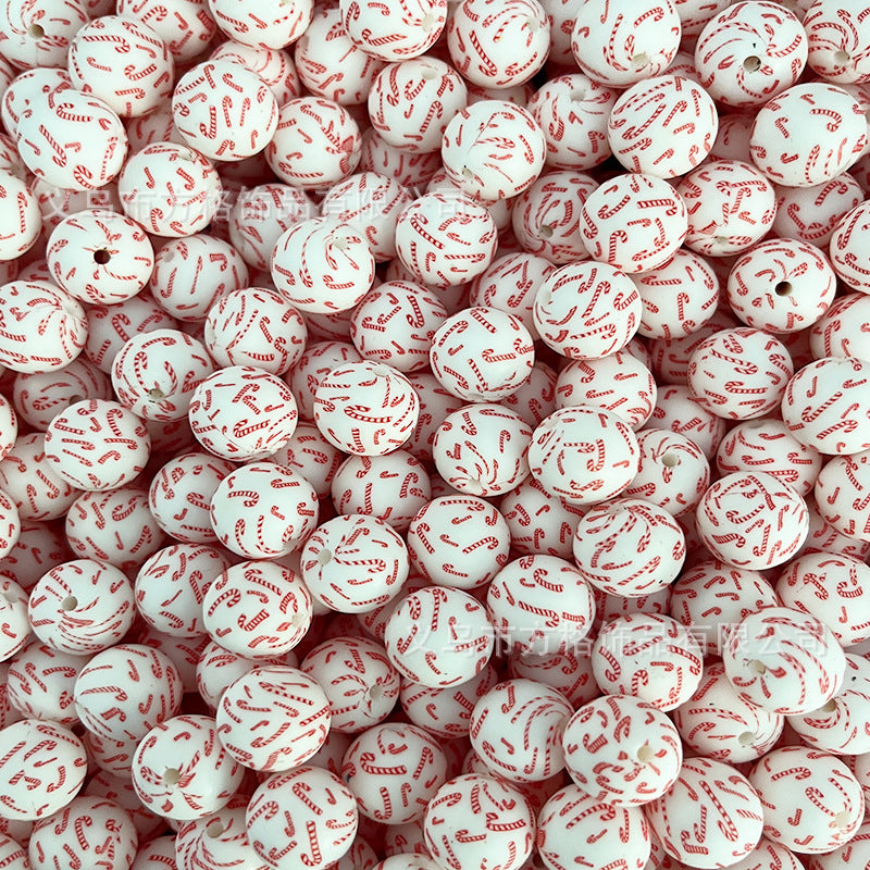 Wholesale 50pcs DIY Christmas Snowman Christmas Tree Printing 15mm Silicone Beads